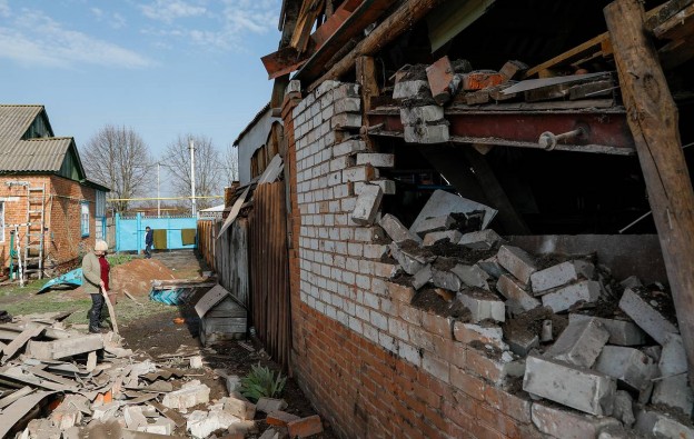 Damage after shelling attack in Russia's village of Golovchino near border to Ukraine